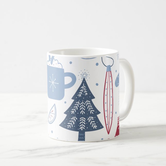 Café Caneca com padrão de elementos natalinos cinza azu (Frente Esquerda)