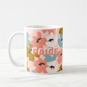 Café Caneca com padrão de flores de monograma rosa azul