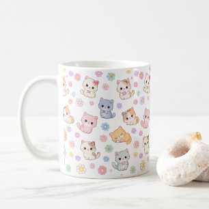 Café Caneca com Padrão de Gatinhos e Flores Pastel Kawa