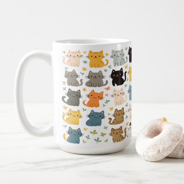 Café Caneca com Padrão de Gatos de Desenho Animado Colo (Com Donut)