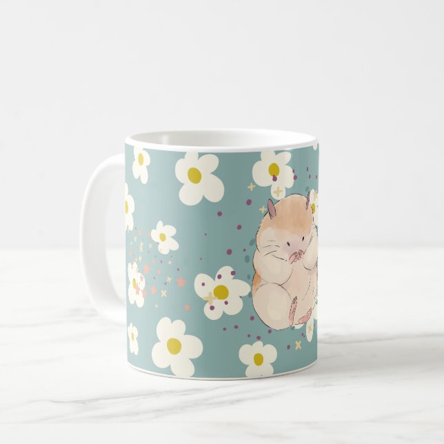 Café Caneca com Padrão de Hamster Fofo e Margaridas – C (Frente Esquerda)
