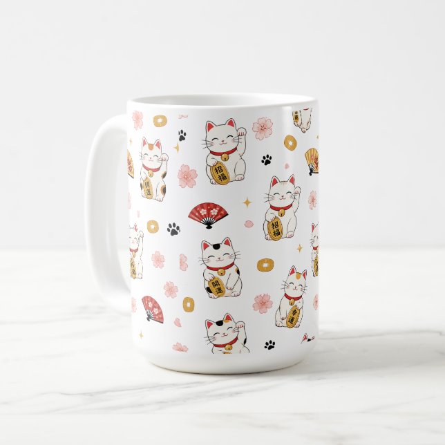Café Caneca com Padrão de Maneki Neko Fofo | Gato Sortu (Frente Esquerda)