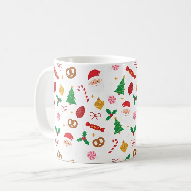 Café Caneca com padrão de Papai Noel Fofo e Guloseimas  (Frente Esquerda)