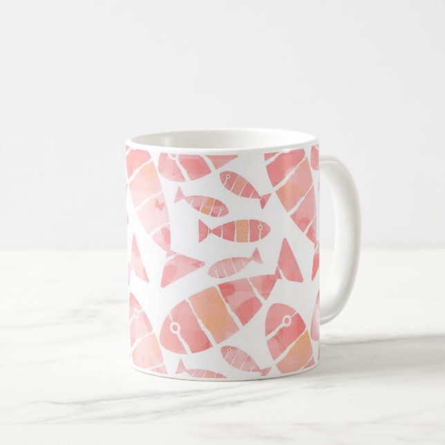 Café Caneca com Padrão de Peixes em Aquarela Rosa e Cor (Frente Esquerda)