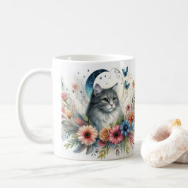 Café Caneca com retrato de gato cinza bonito com flores