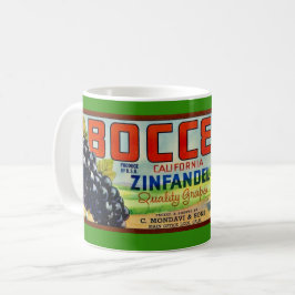 Café Caneca com rótulo de uvas Zinfandel Bocce