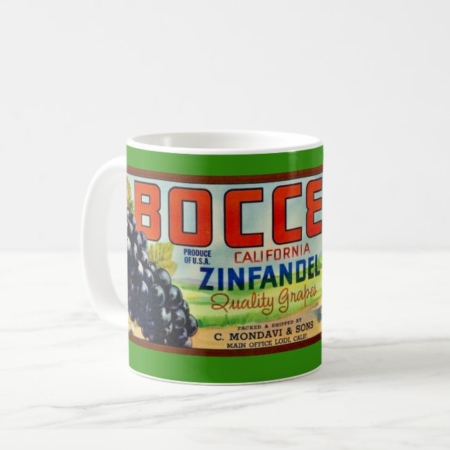Café Caneca com rótulo de uvas Zinfandel Bocce (Frente Esquerda)
