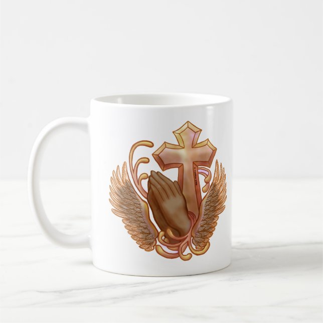 Café caneca Cruz mãos de oração cristã (Esquerda)