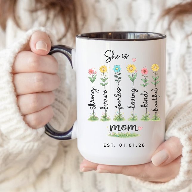 Café Caneca de Afirmação de Flor para Mãe de Primeira V (floral motherhood mug gift, first baby mom mug gift, baby arrival mom mug, inspirational mom mug,)
