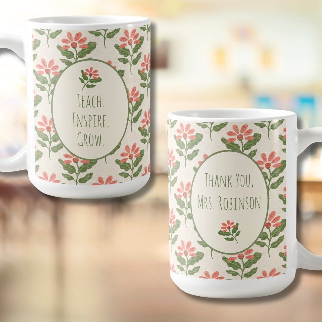 Café Caneca de Agradecimento para Professores Florais | (Floral Teacher Appreciation Mug | Personalized Name | Thank You Gift)