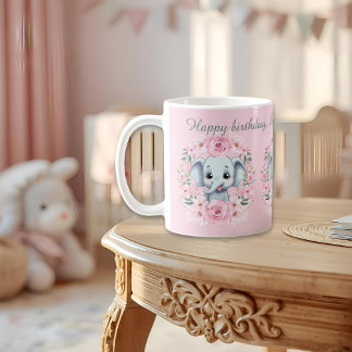 Café Caneca de Aniversário de Elefante Rosa com Letra M