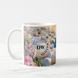 Café Caneca de Arte Aquarela e Monograma de Santorini