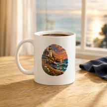 Caneca de arte de farol costeiro ao pôr do sol