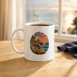 Café Caneca de arte de farol costeiro ao pôr do sol