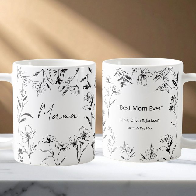 Café Caneca de Arte de Linha Floral Preta e Branca com  (Front and Back)