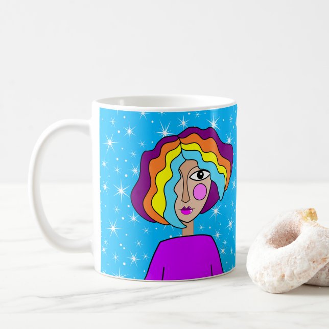 Café Caneca de Arte Estilizada de Rosto Abstrato (Com Donut)