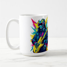 Caneca de Arte Synthwave Guitarrista Robô Cyberpun
