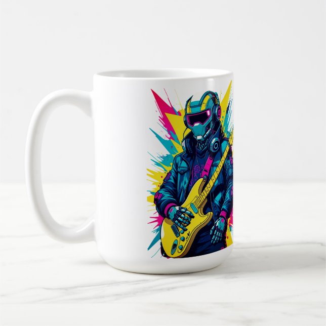 Café Caneca de Arte Synthwave Guitarrista Robô Cyberpun (Esquerda)