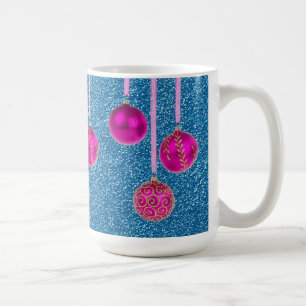 Café Caneca de Bolas de Natal Brilho Azul Rosa Vibrante