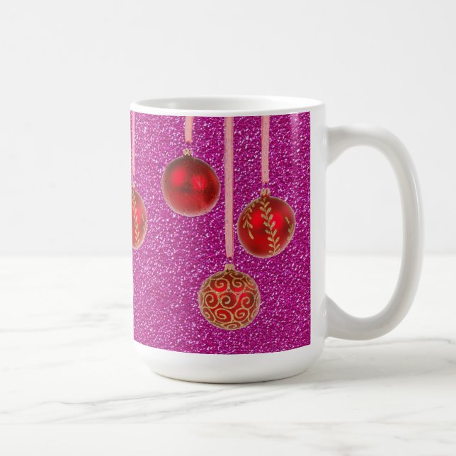 Café Caneca de Bolas de Natal Brilho Rosa Vermelho Feli (Direita)