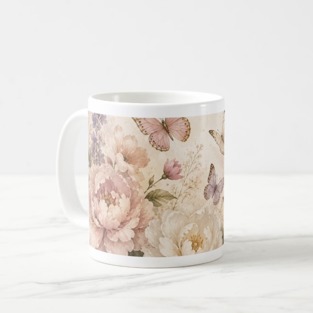 Café Caneca de borboleta e floral em aquarela (Frente Esquerda)