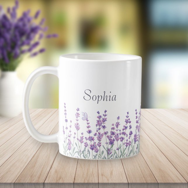Café Caneca de Borboleta Floral Roxa Lavanda em Aquarel (Criador carregado)