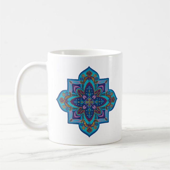 Café Caneca de café, vibrante mandala roxa e azul (Esquerda)