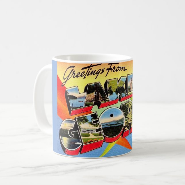 Café Caneca de cartão-postal retrô do Lago George (Frente Esquerda)