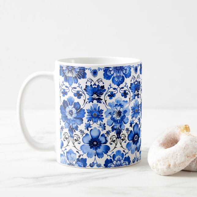 Café Caneca de Cerâmica Azulejo Floral Azul Branco Port (Com Donut)