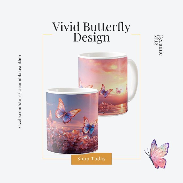 Café Caneca de Cerâmica com Design de Borboleta Vibrant (Criador carregado)