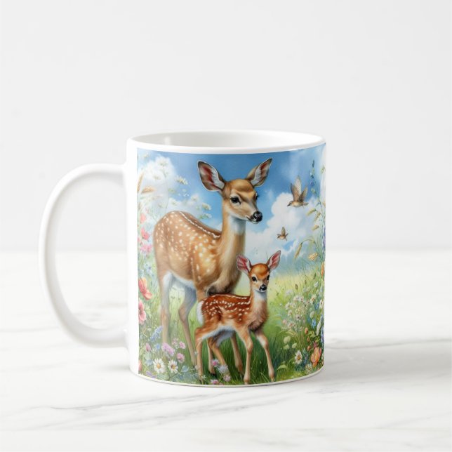 Café Caneca de cervo fêmea de pé em flores silvestres (Esquerda)