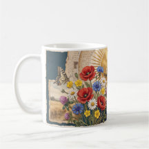 Caneca de Colagem Botânica de Abelha de Flor Silve