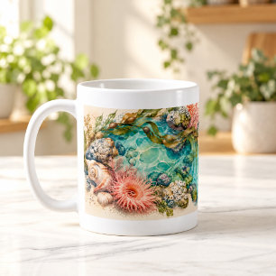 Café Caneca de conchas e coral em aquarela Tidepool