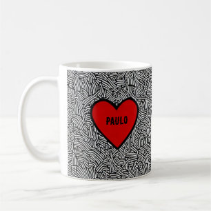 Café Caneca de coração de doodle de amor Preto Branco &
