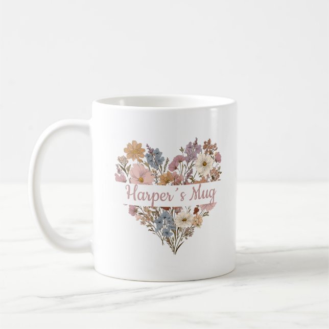 Café Caneca de Coração Floral Boho Personalizada (Esquerda)