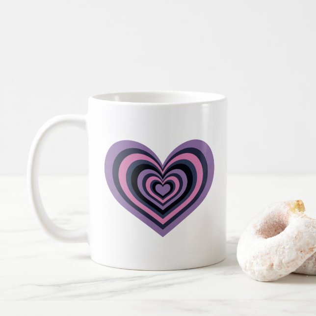 Café Caneca de Coração Listrado Retro - Roxo no Branco (Com Donut)