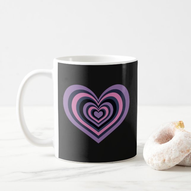 Café Caneca de Coração Listrado Retro - Roxo no Preto (Com Donut)