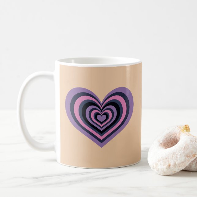 Café Caneca de Coração Listrado Retro - Roxo sobre Bege (Com Donut)