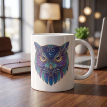 Caneca de Coruja Celestial Dourada e Azul Linha de