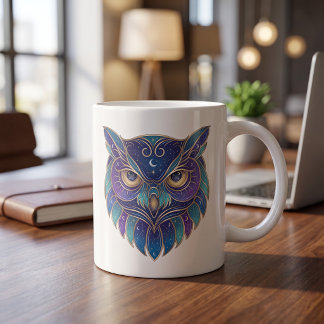Café Caneca de Coruja Celestial Dourada e Azul Linha de