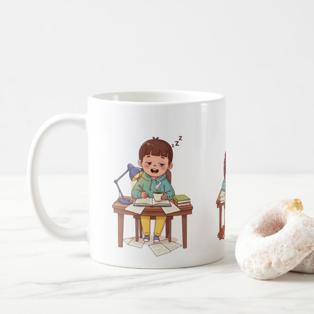 Café Caneca de Criança Estudando Sonolenta – Caneca do  (Com Donut)