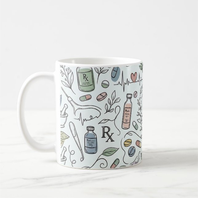 Café Caneca de Desenho à Mão de Farmácia | Bem-Estar Mo (Esquerda)