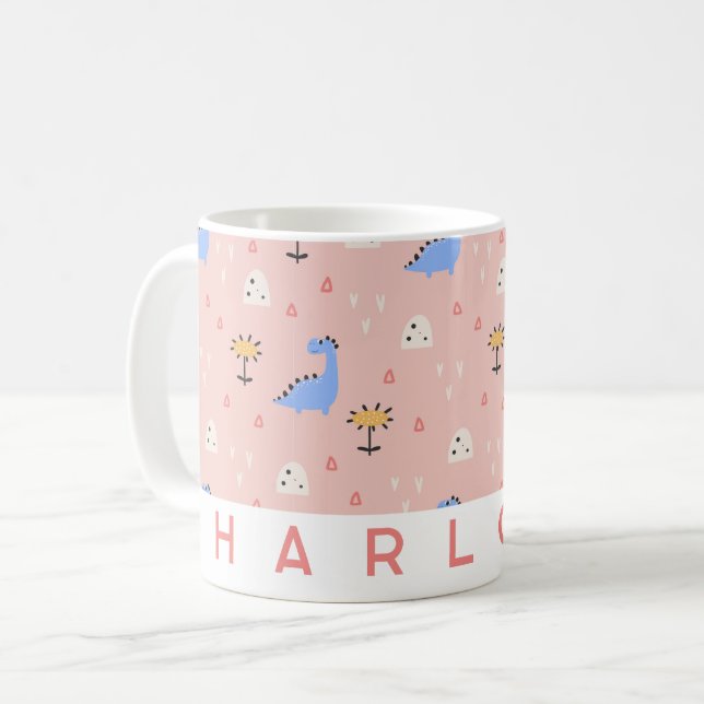 Café Caneca de Dinossauro Rosa Personalizada | Nome Per (Frente Esquerda)