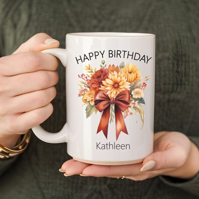 Café Caneca de Feliz Aniversário com Laço Coquete Flora (personalized mug gift, birthday gift for mom, birthday gift for grandma, birthday gift for her)