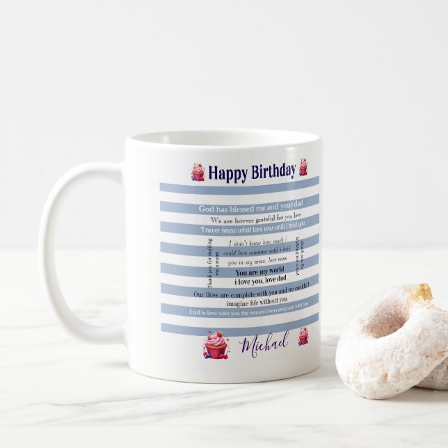 Café Caneca de Feliz Aniversário Listra Azul e Branco (Com Donut)