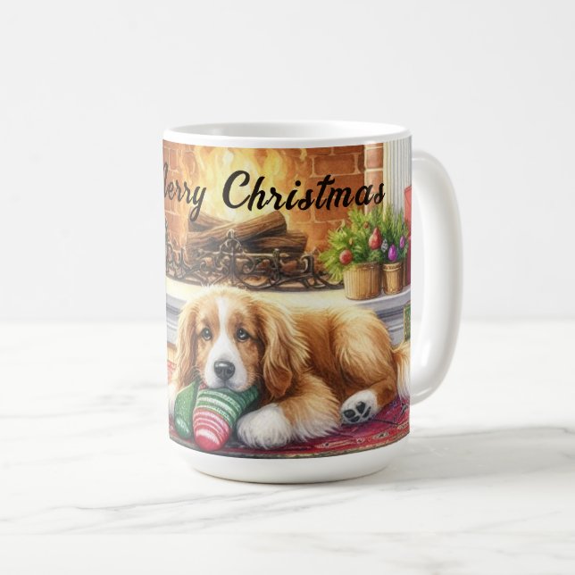 Café Caneca de Férias de Natal Alegre do Cachorro (Frente Esquerda)