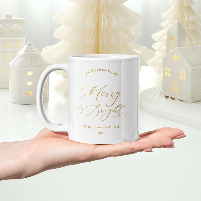 Café Caneca de Férias Elegante Dourada “Merry & Bright” (Criador carregado)