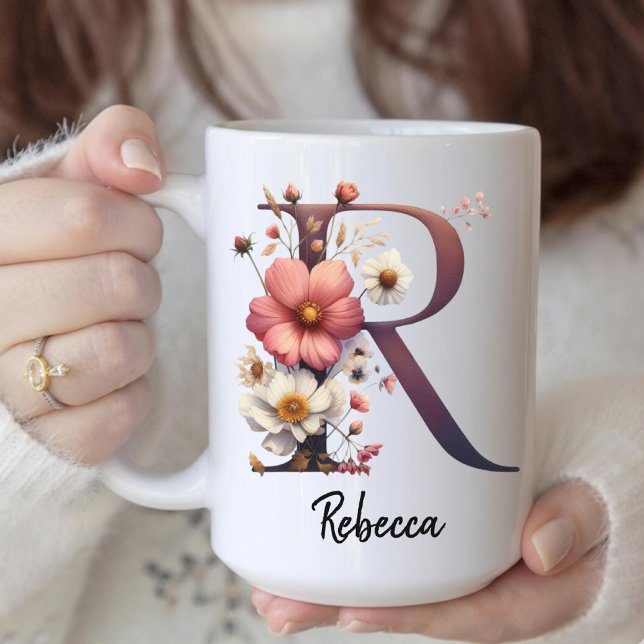 Café Caneca de Flor de Nascimento Personalizada, Caneca (custom birth flower, flower initial mug, monogram gift for mom, monogram mug for her or student,)