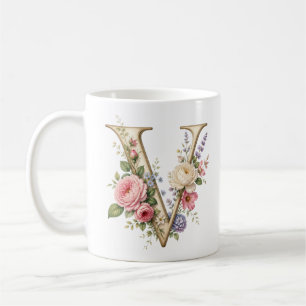 Café Caneca de Flor Letra V Jardim Floral Vintage