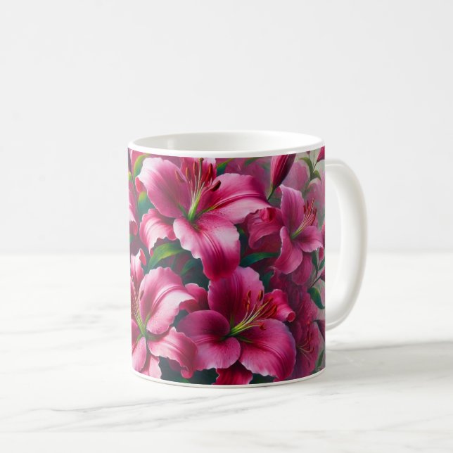 Café Caneca de flores com lírios rosa-claro (Frente Esquerda)